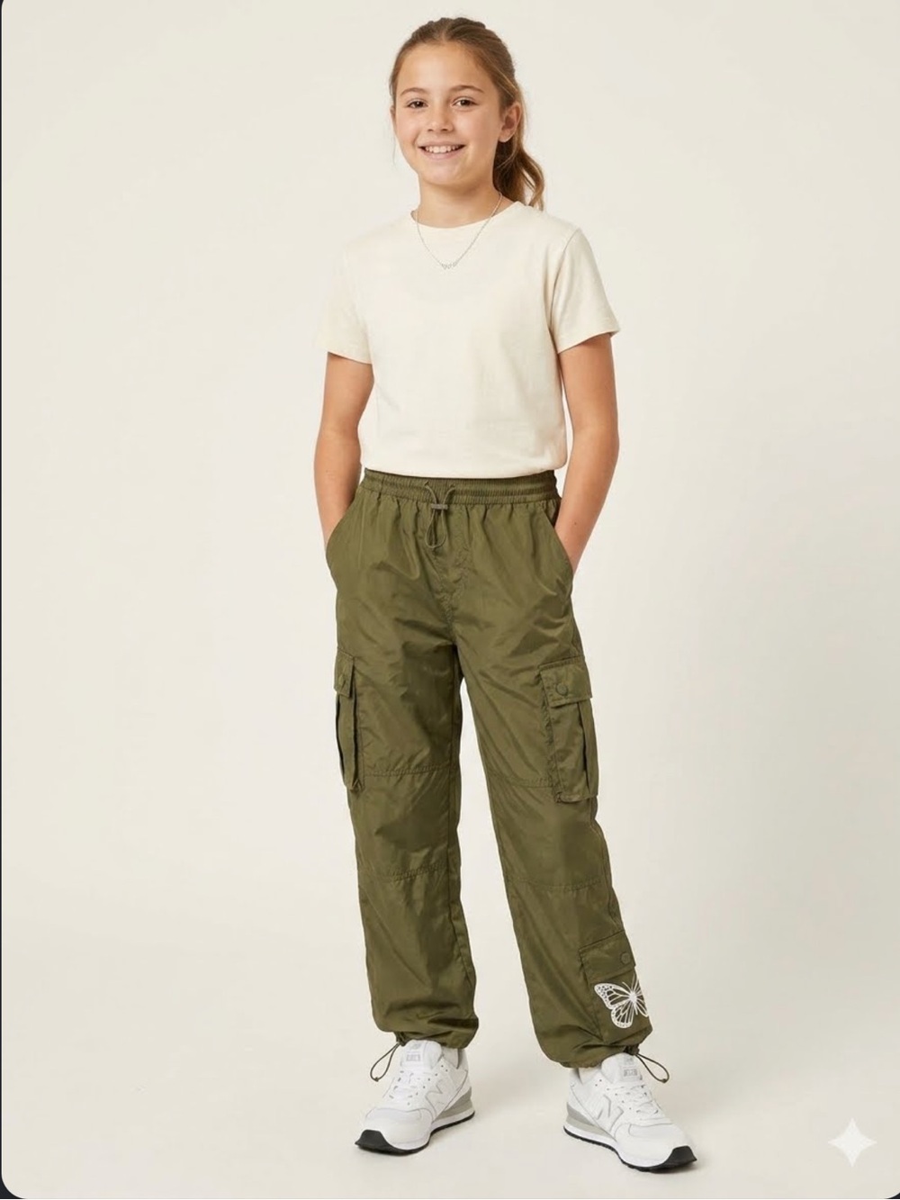 Real Love Girls Olive Green Cargo Pants with butterfly on bottom leg size 10/12